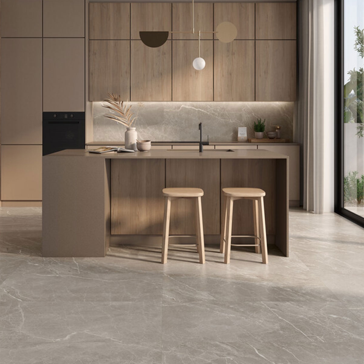 Interior con pavimento Livia Moka Mate 60x120