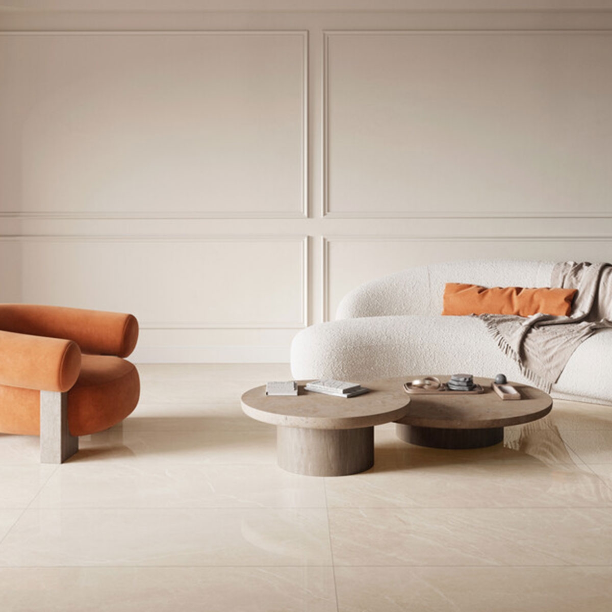 Interior con pavimento Livia Cream Pulido 60x120