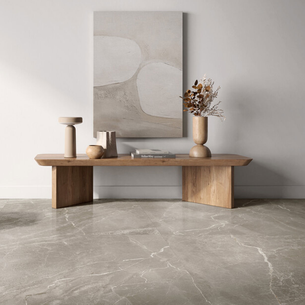 Interior con pavimento Livia Moka Lapado 120x120