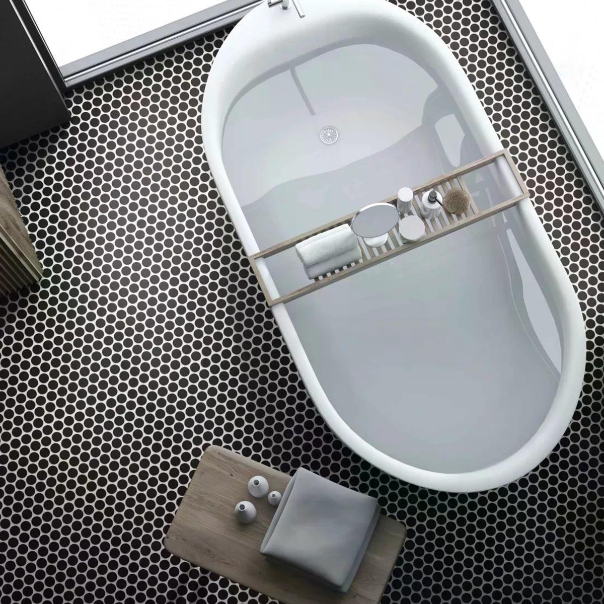 Baño con Pavimento Circle Black 30.9x30.9