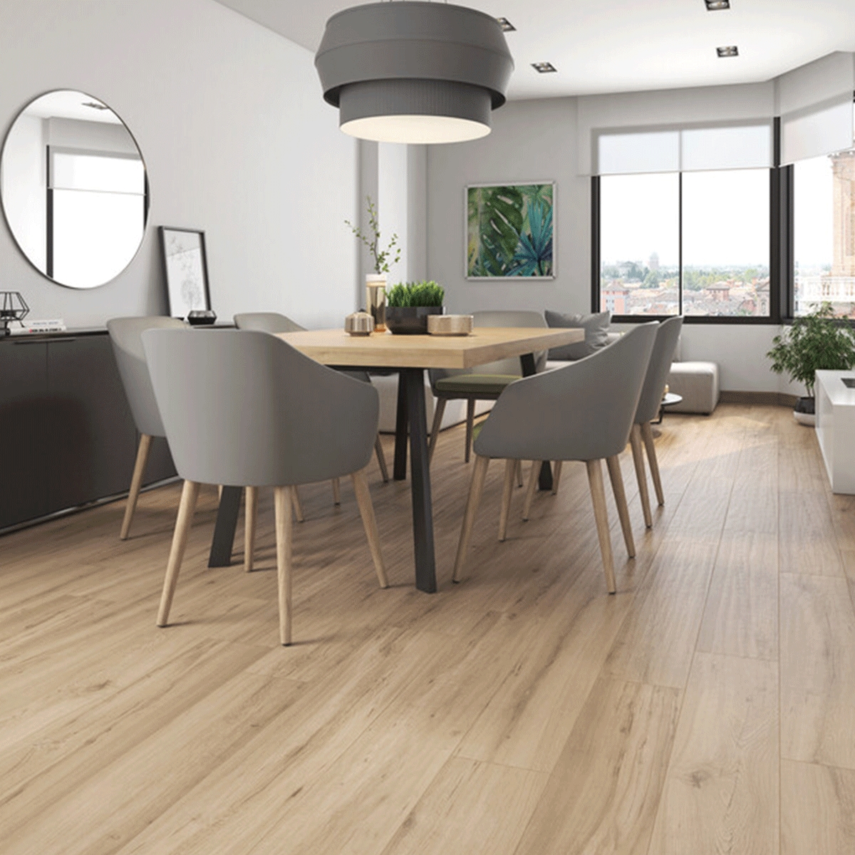 Interior con pavimento Milena Nuez 20x120