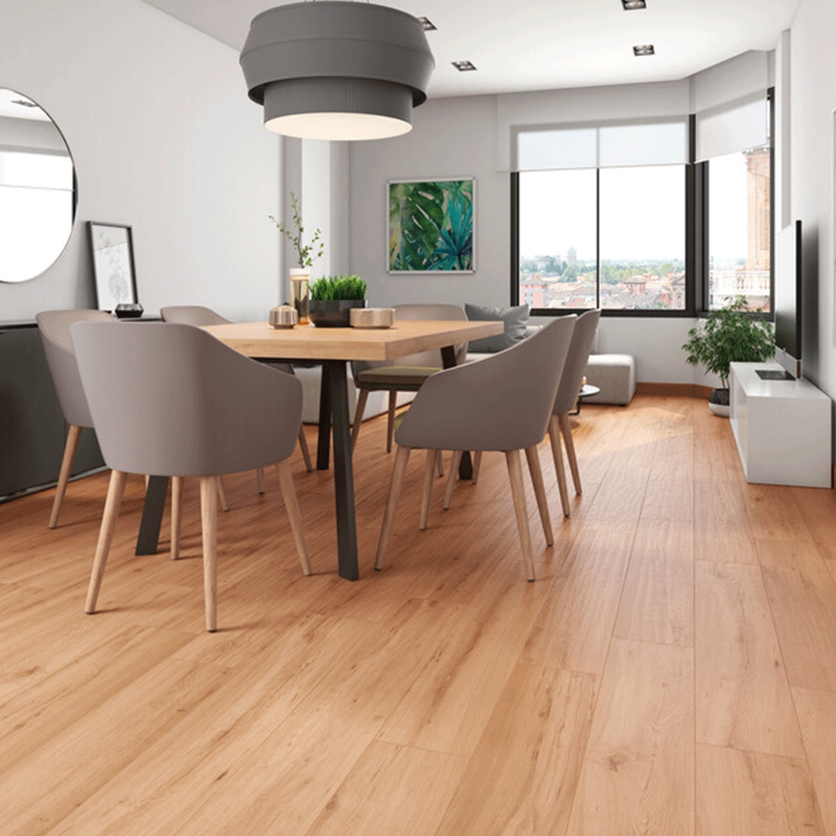 Interior con pavimento Milena Cerezo 20x120