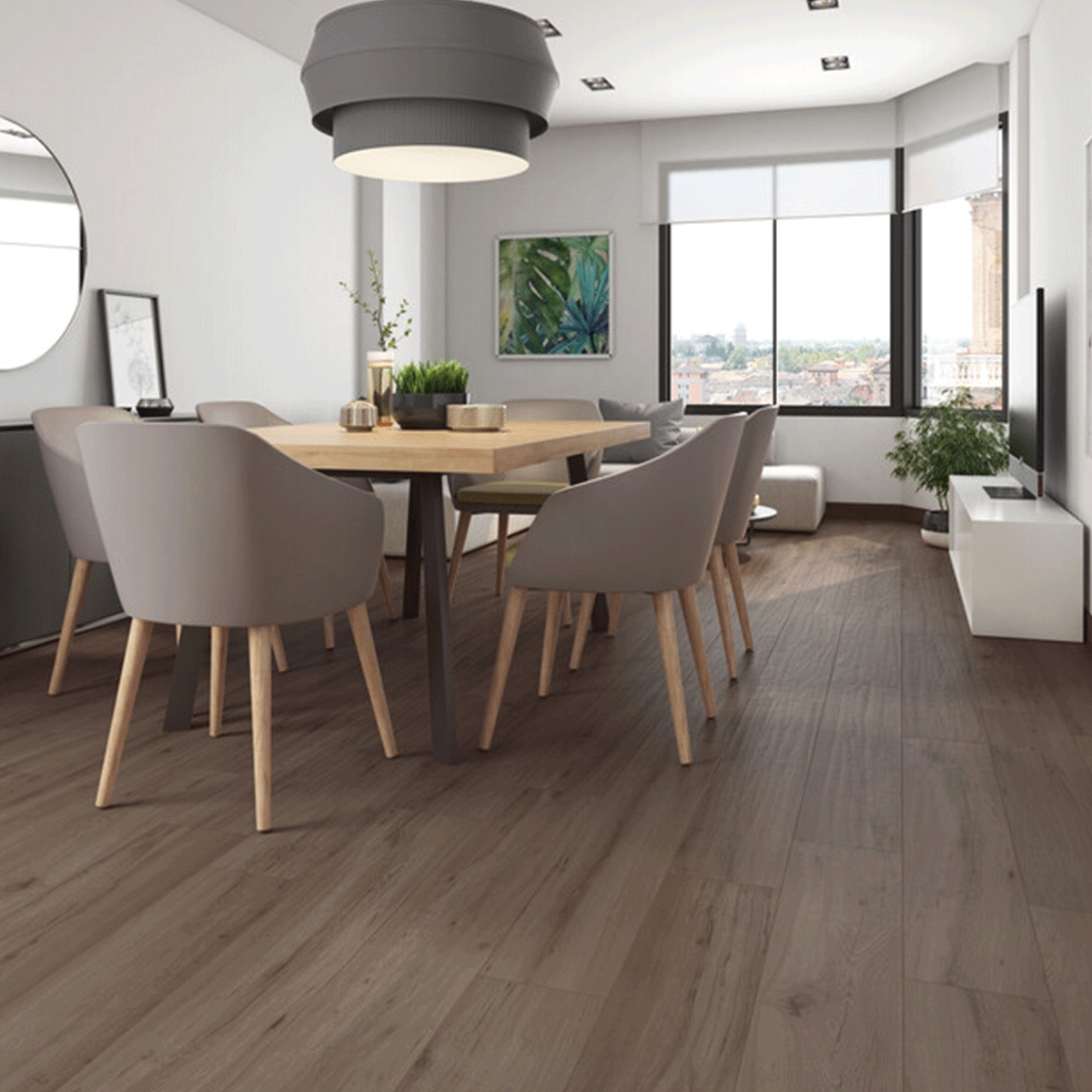 Interior con pavimento Milena Nogal 20x120