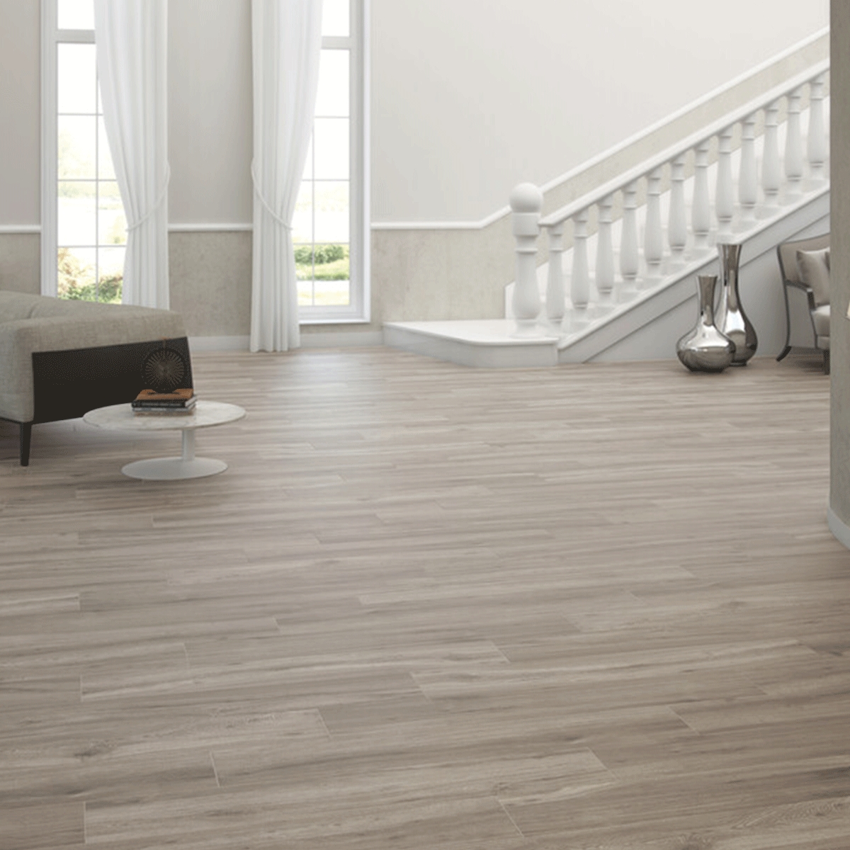 Interior con pavimento Milena Ceniza Antideslizante 20x120