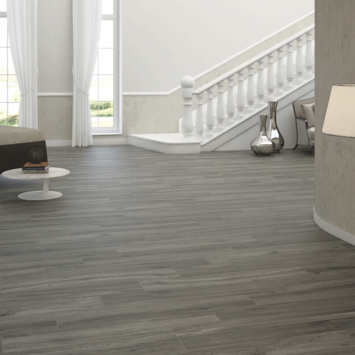 Interior con pavimento Milena Nogal Antideslizante 20x120