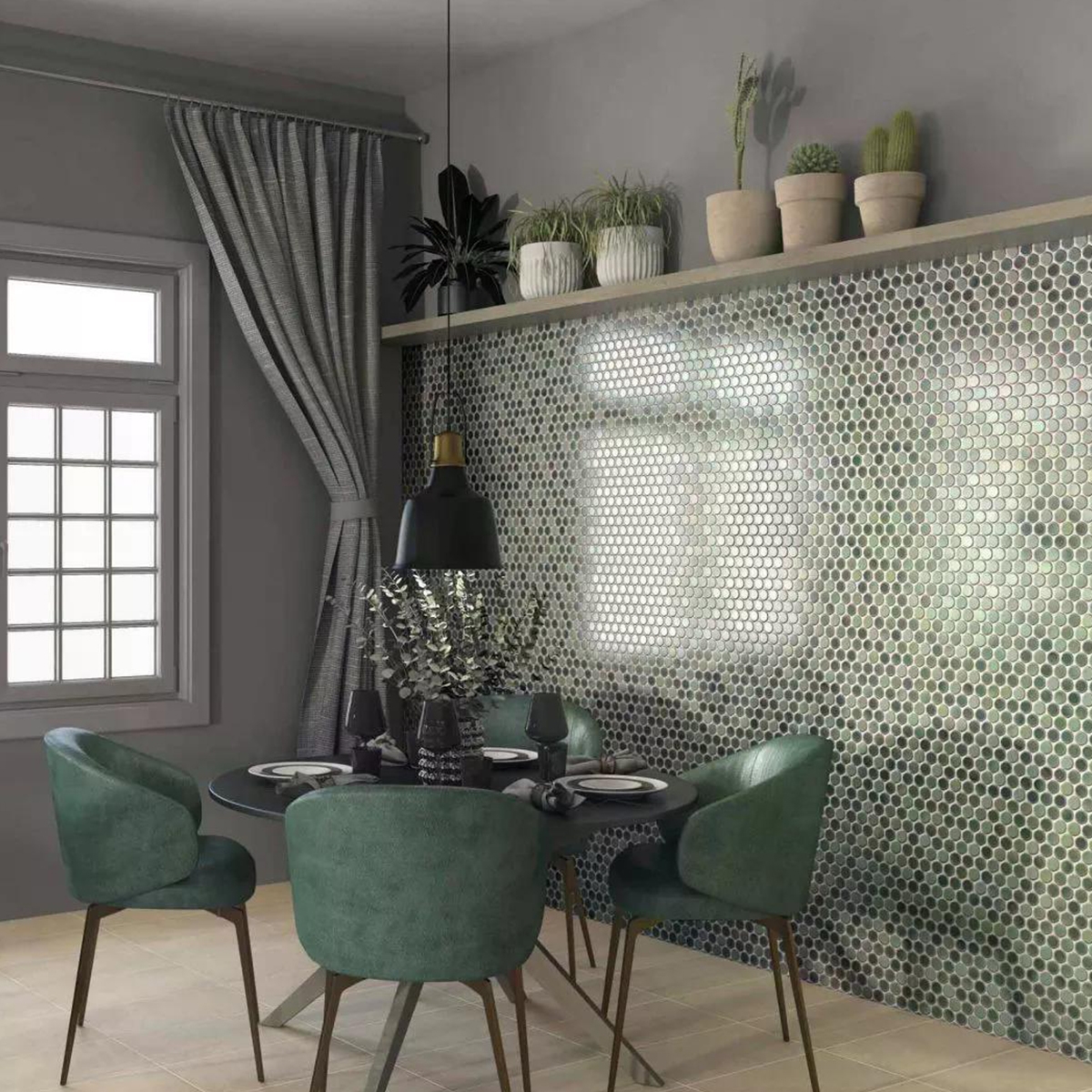 Sala de Jantar com revestimento Dakhla Aqua Circle 30.9x30.9