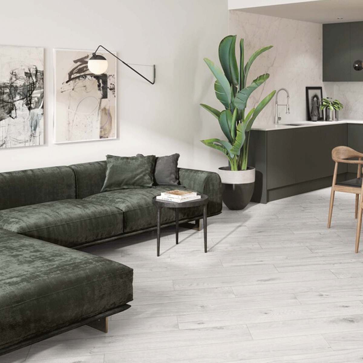 Interior con pavimento Oland White 23x120