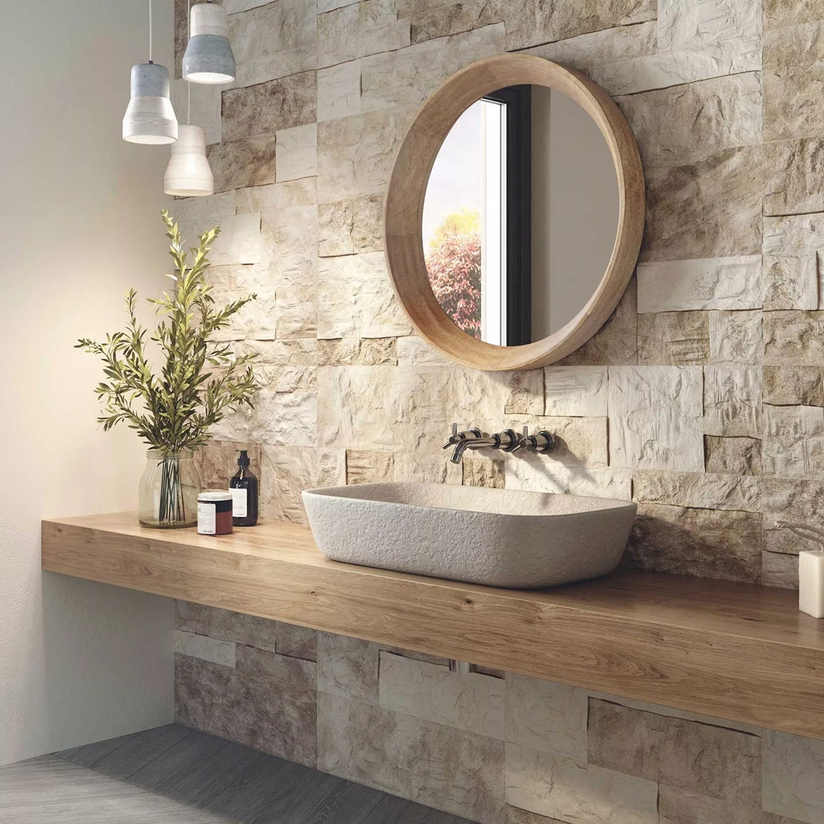 Salle de bain avec revêtement en Marlstone Ivory 21x63 (Boîte 0,93m2)