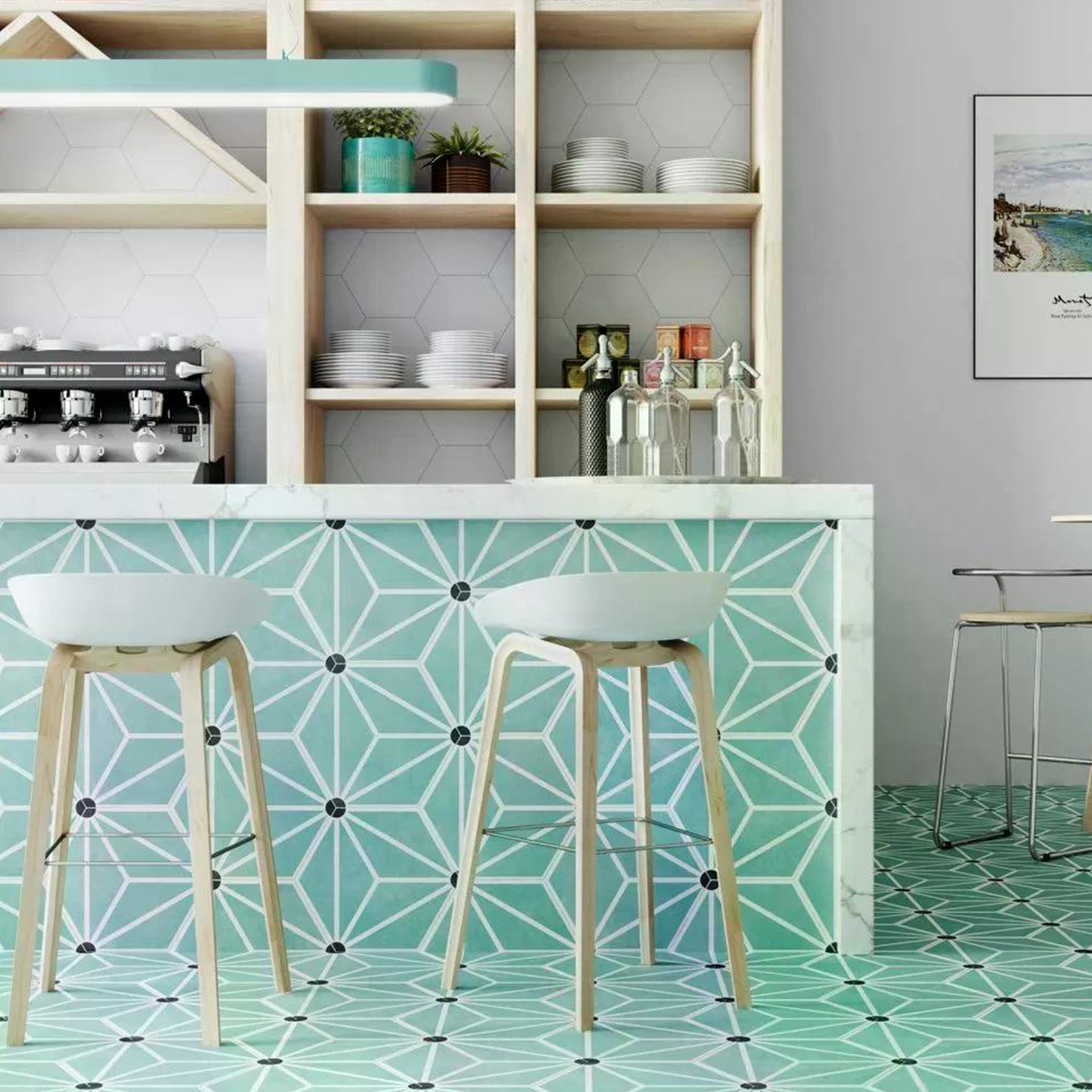 Interior con Revestimiento y Pavimento  Osaka Aqua 28.5x33