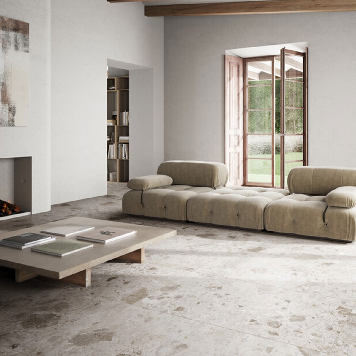 Interior con pavimento Petra Taupe 60x120