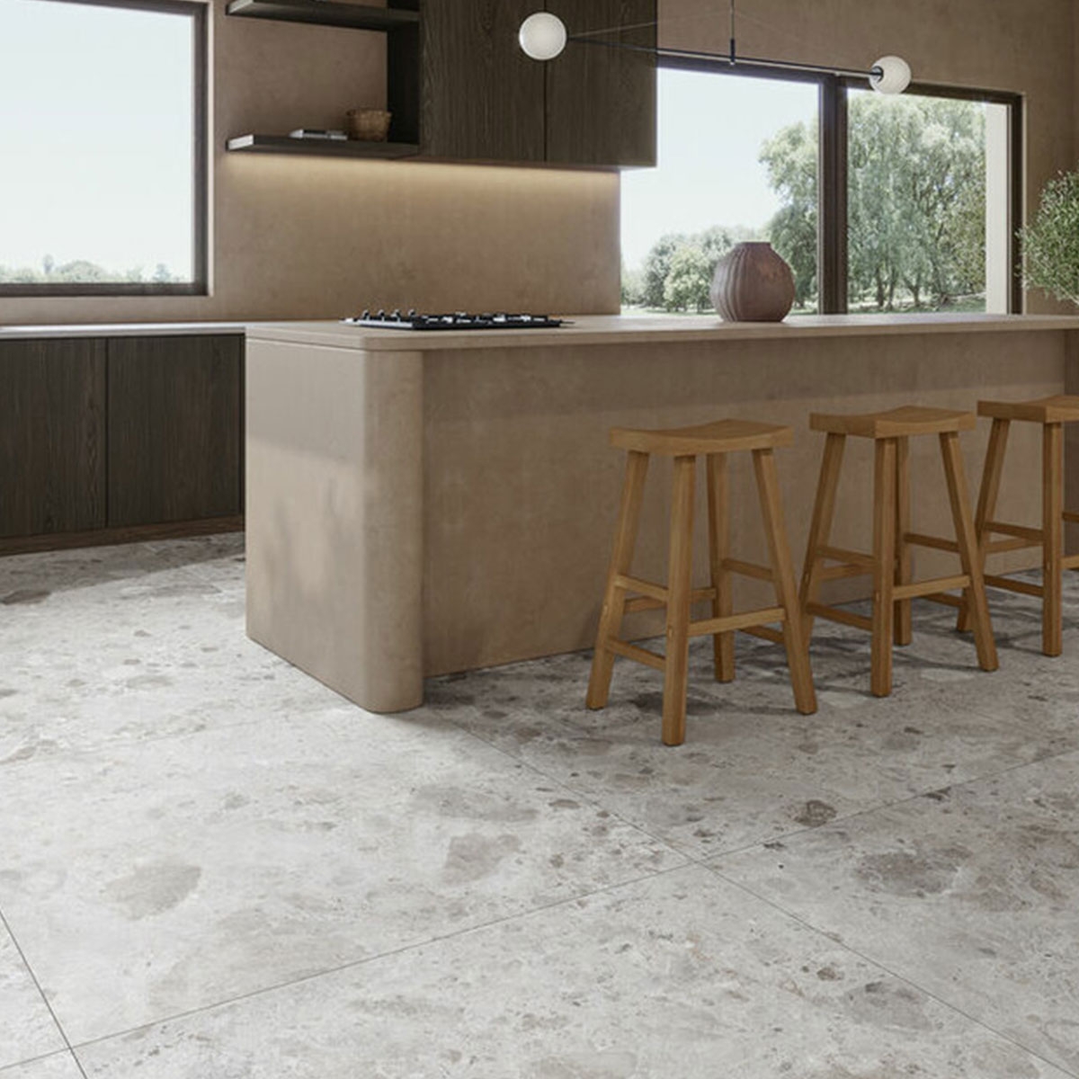 Interior con pavimento Petra Grey 120x120