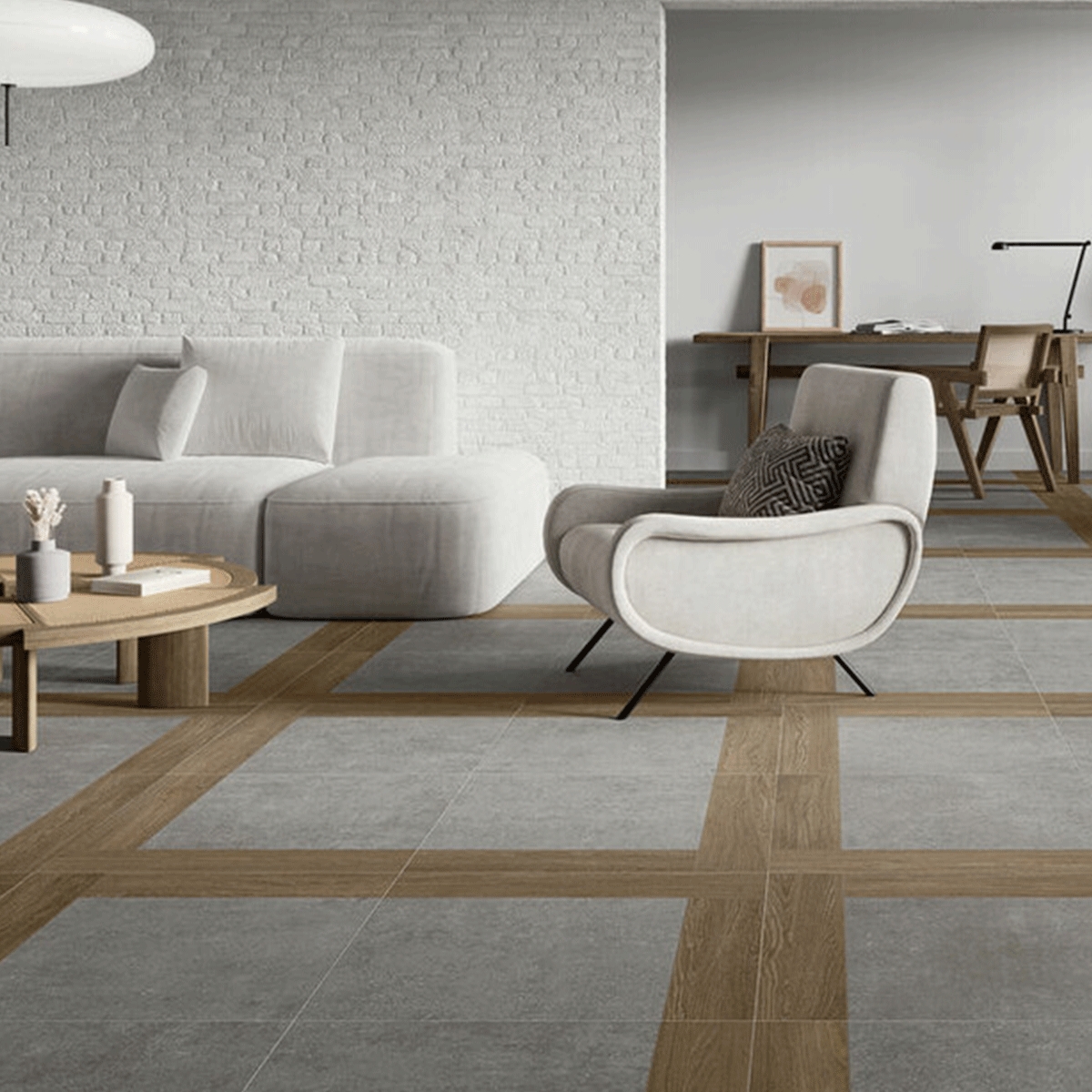 Interior con pavimento Overlay Concrete 60x60