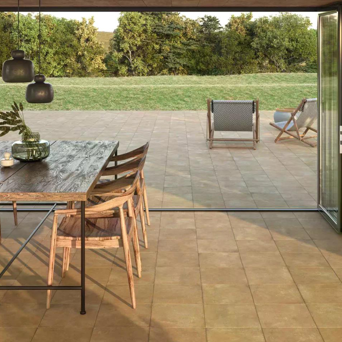 Interior y Exterior con Pavimento Parma Terra Antideslizante 32.9x32.9