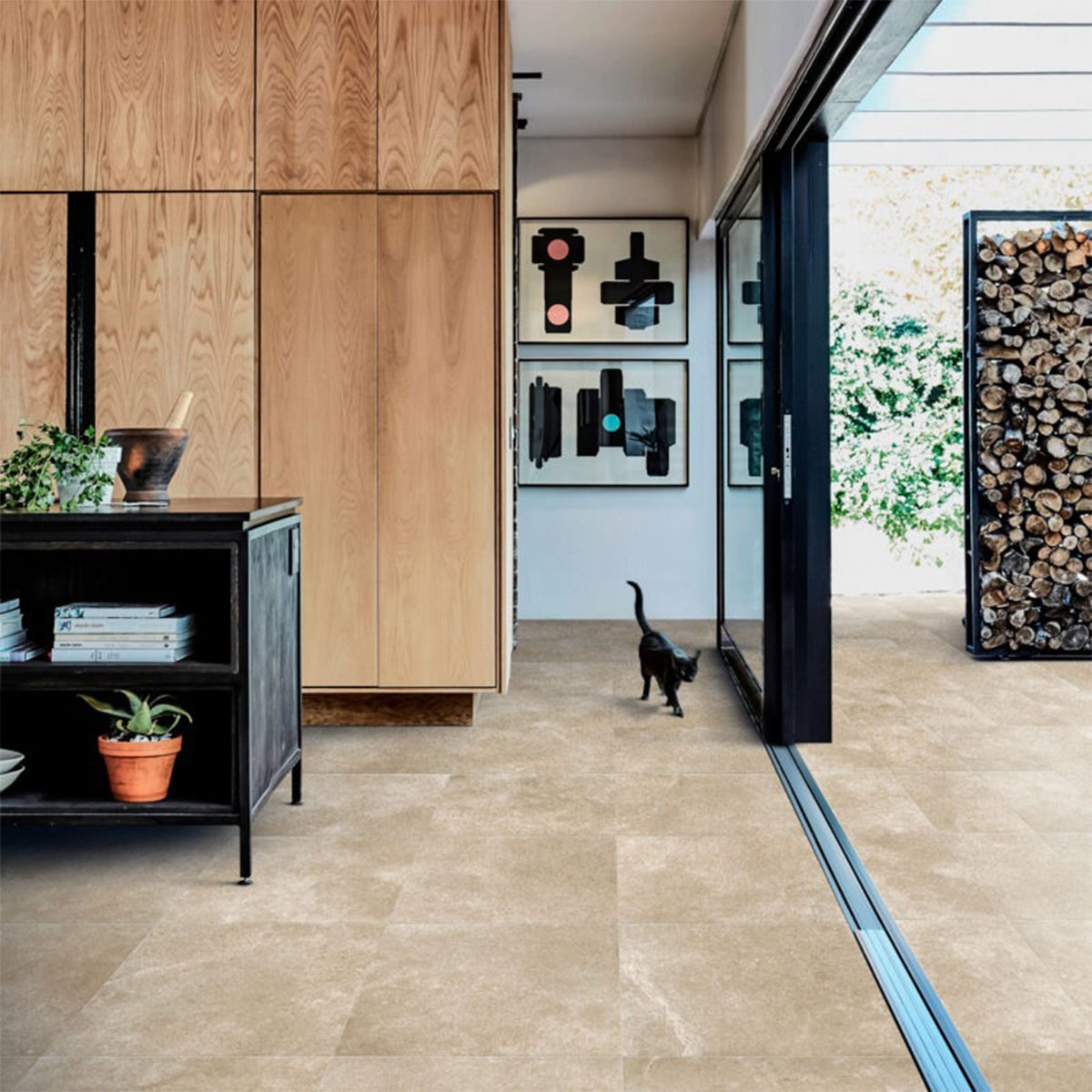 Interior e exterior com pavimento Stream Beige 60x60