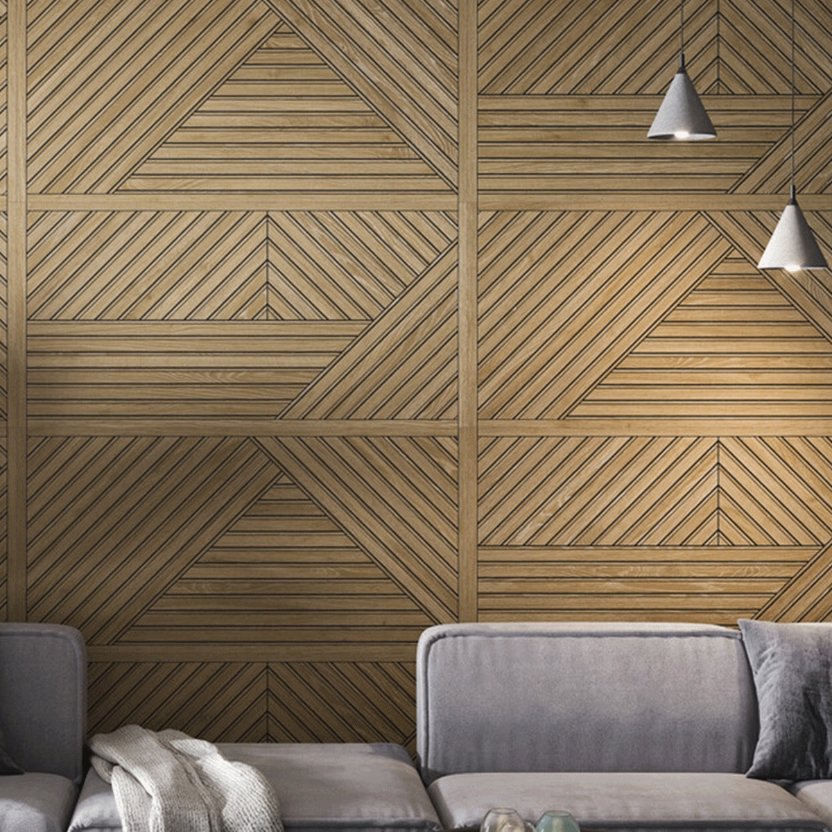 Interior con revestimiento Studio Laths Oak 60x120