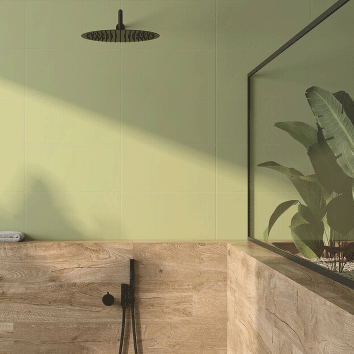 Badezimmer mit Trendy Matcha 25x50 Beschichtung