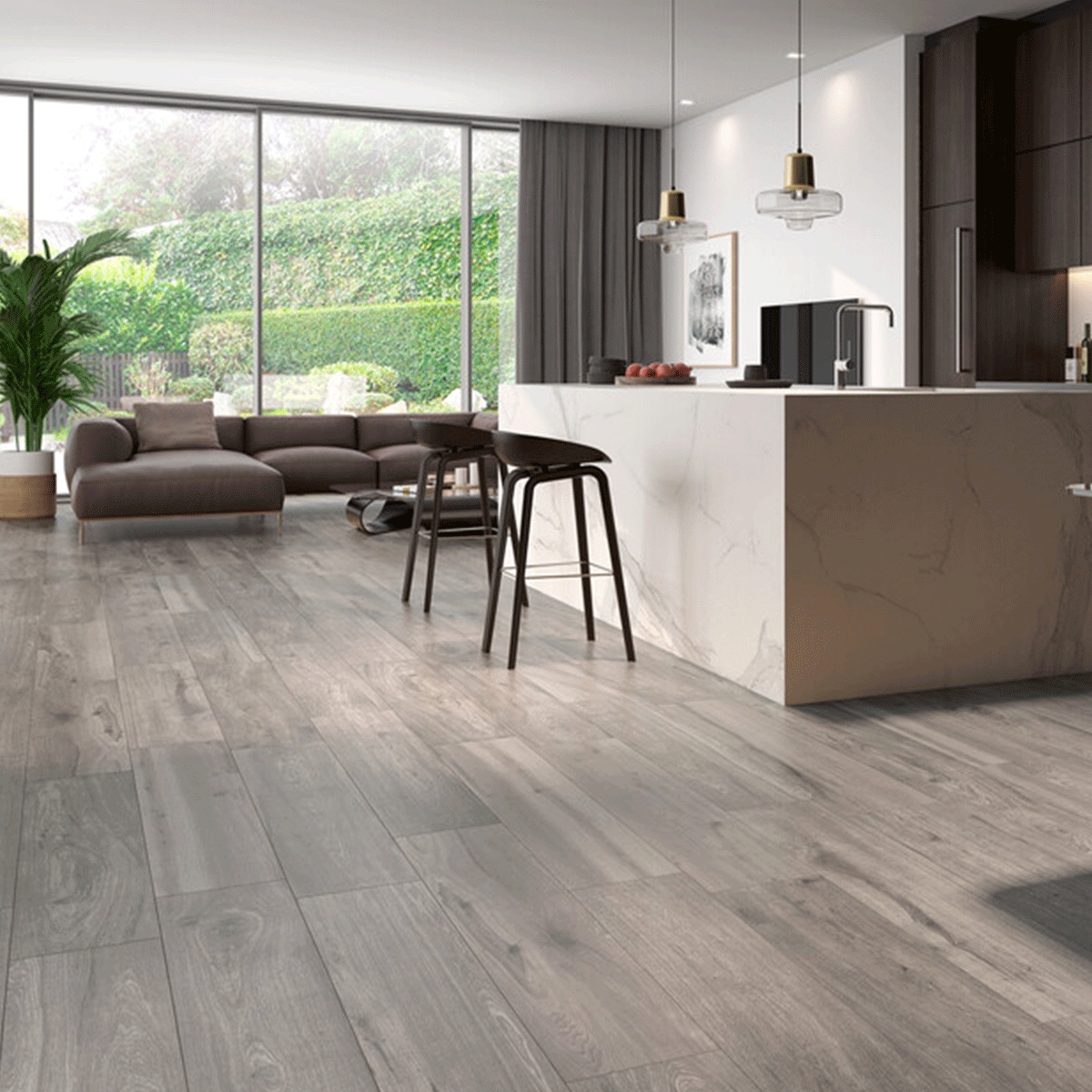 Interior con pavimento Tulsa Grey 23x120