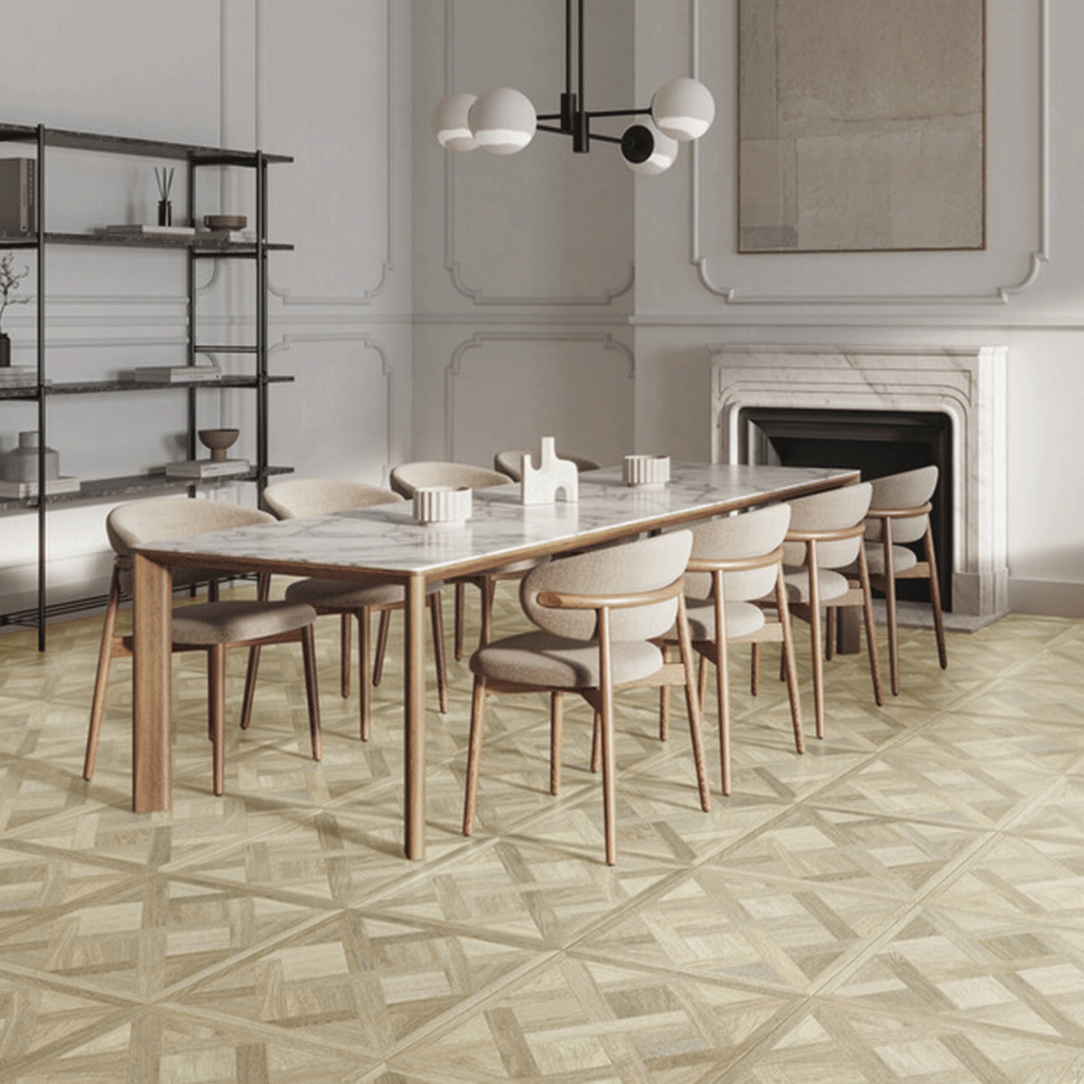 Interior con pavimento Versailles Cream 60x60