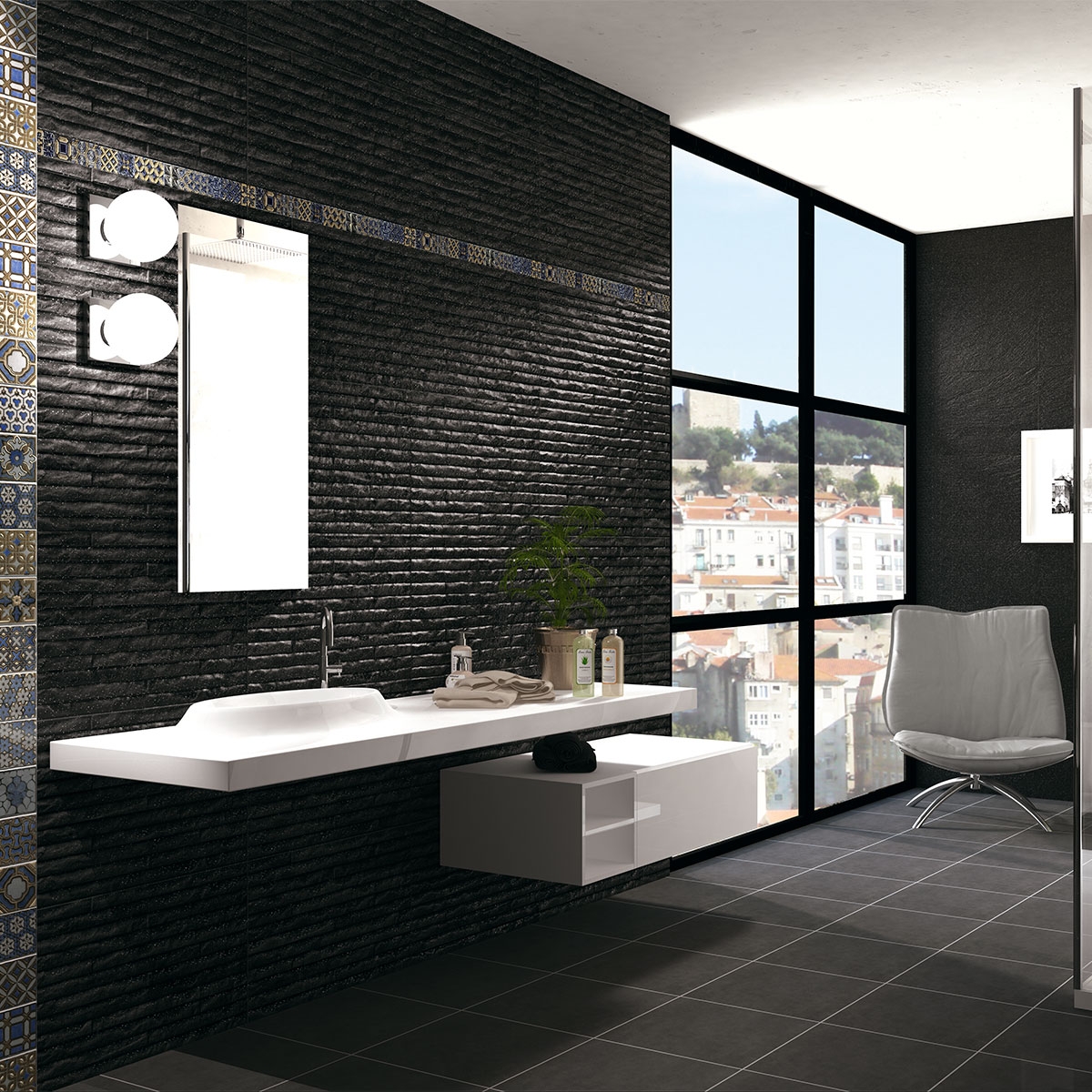 Baño con revestimiento Yosemite Negro 44x66 (Caja 1.17m2)