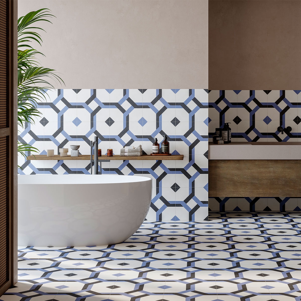 Salle de bain avec sol et carreaux muraux Nantes Blue 33x33 (Box 1m2)