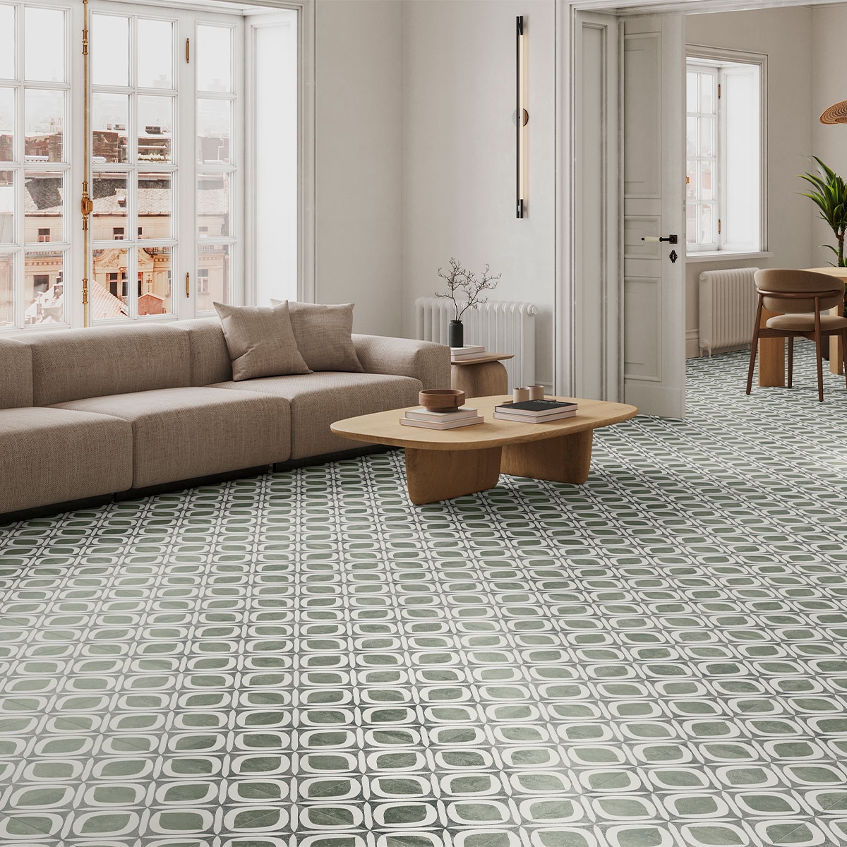 Room with Galway Sage Satin 33x33 (Box 1m2)