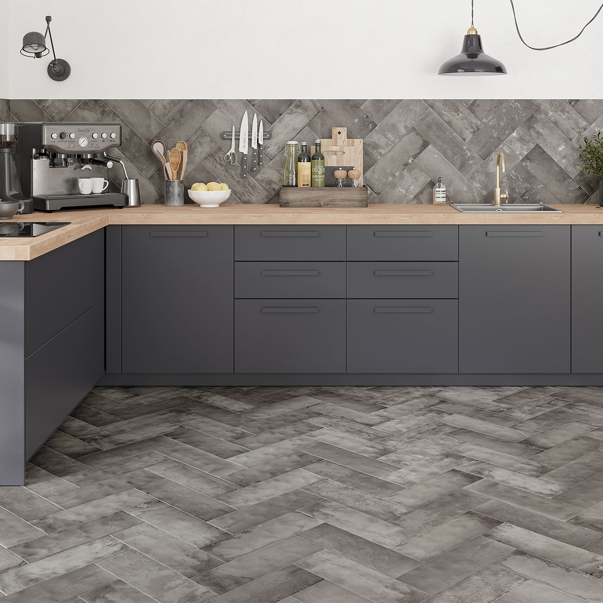 Cocina con pavimento y revestimiento Urban Mist 15x45 (Caja 1.08m2)