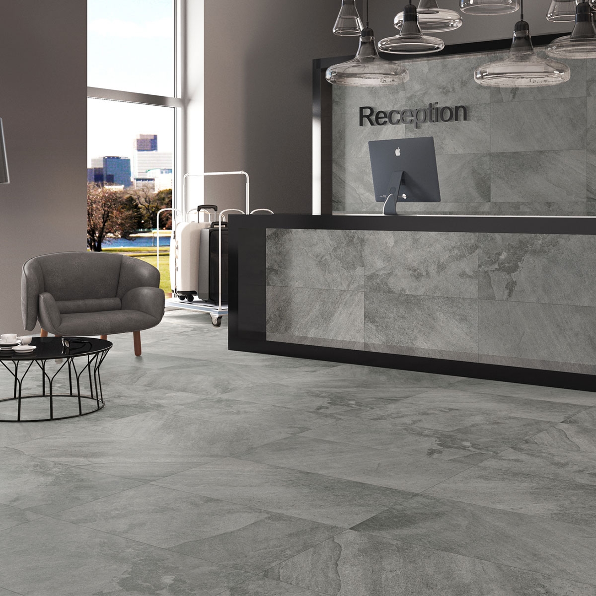 Interior con pavimento y revestimiento Arcadia Grey Antideslizante 30x60