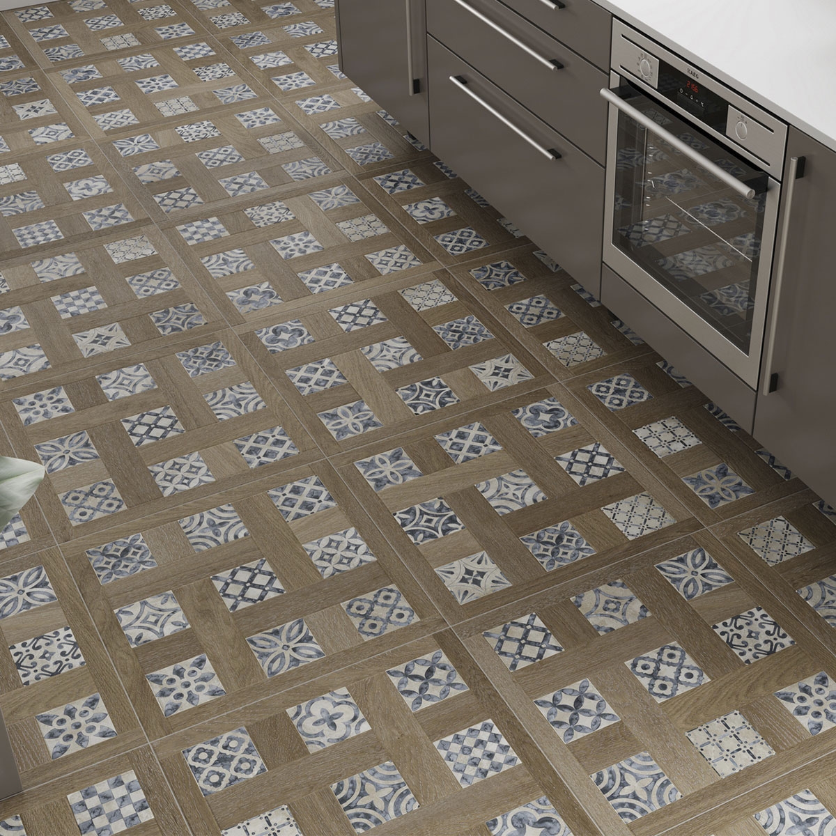 Interior com pavimento Atelier Hydraulic 60x60