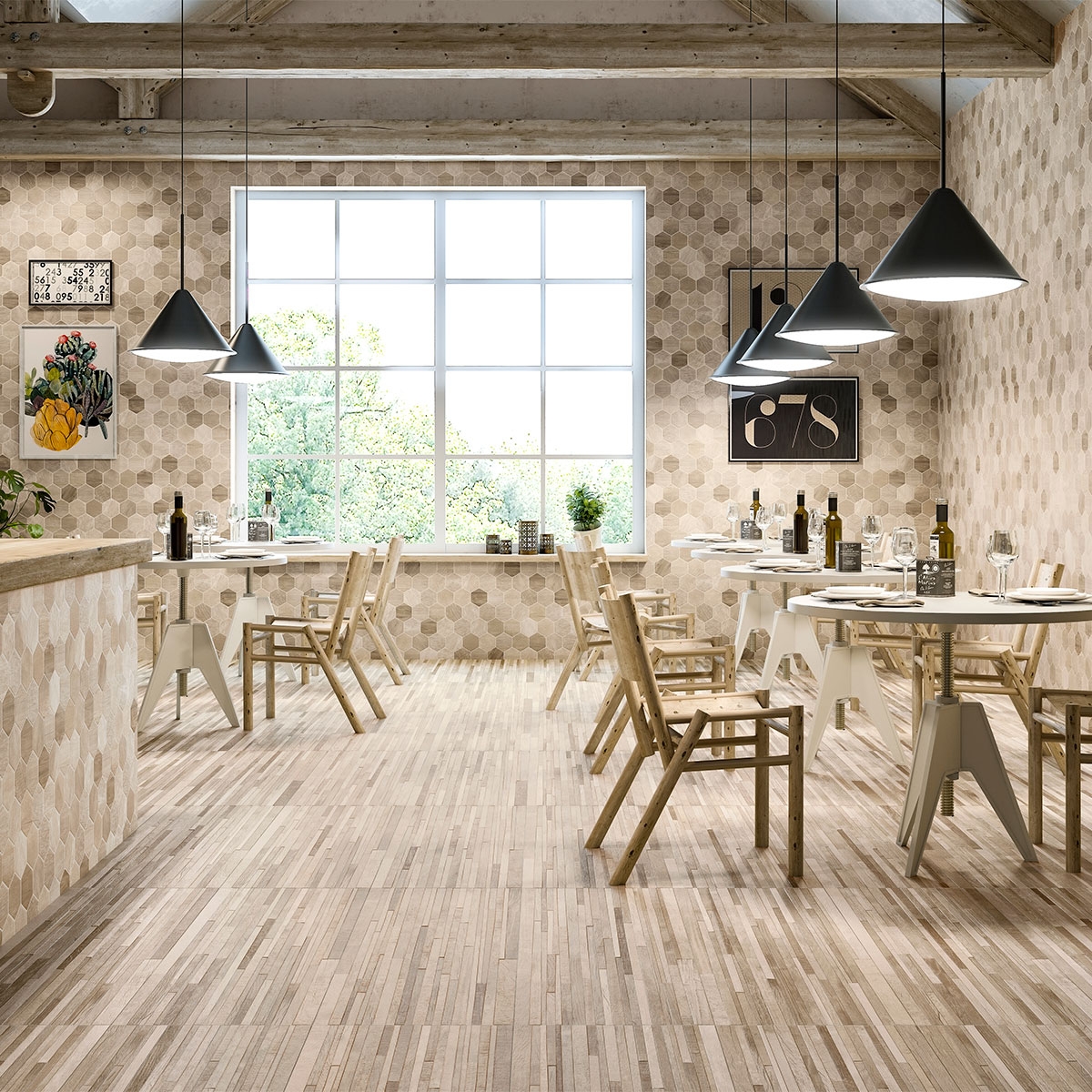 Interior con pavimento Sequoia Camel 40x120