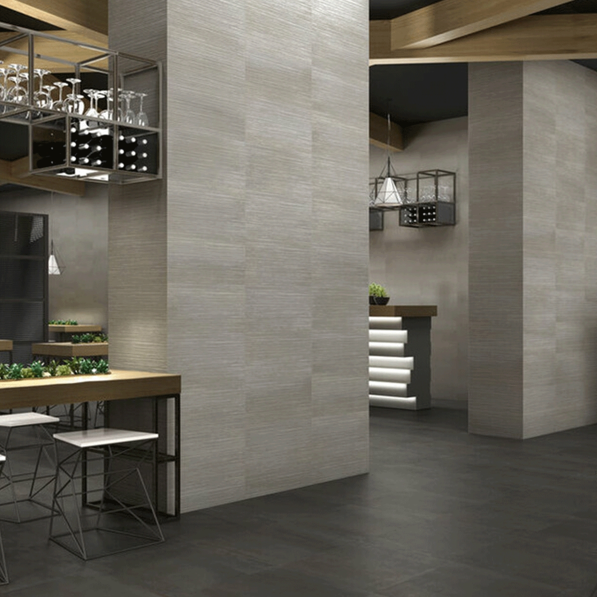 Interior com revestimento de aço raspado enferrujado 30x60