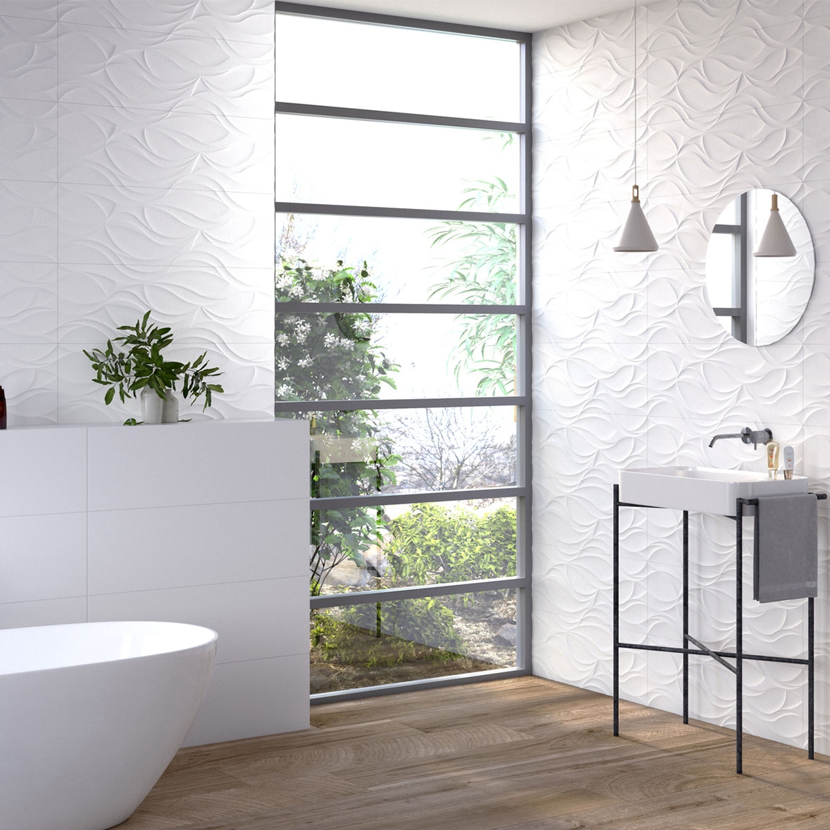 Bathroom with White Narwhal White cladding 30x90