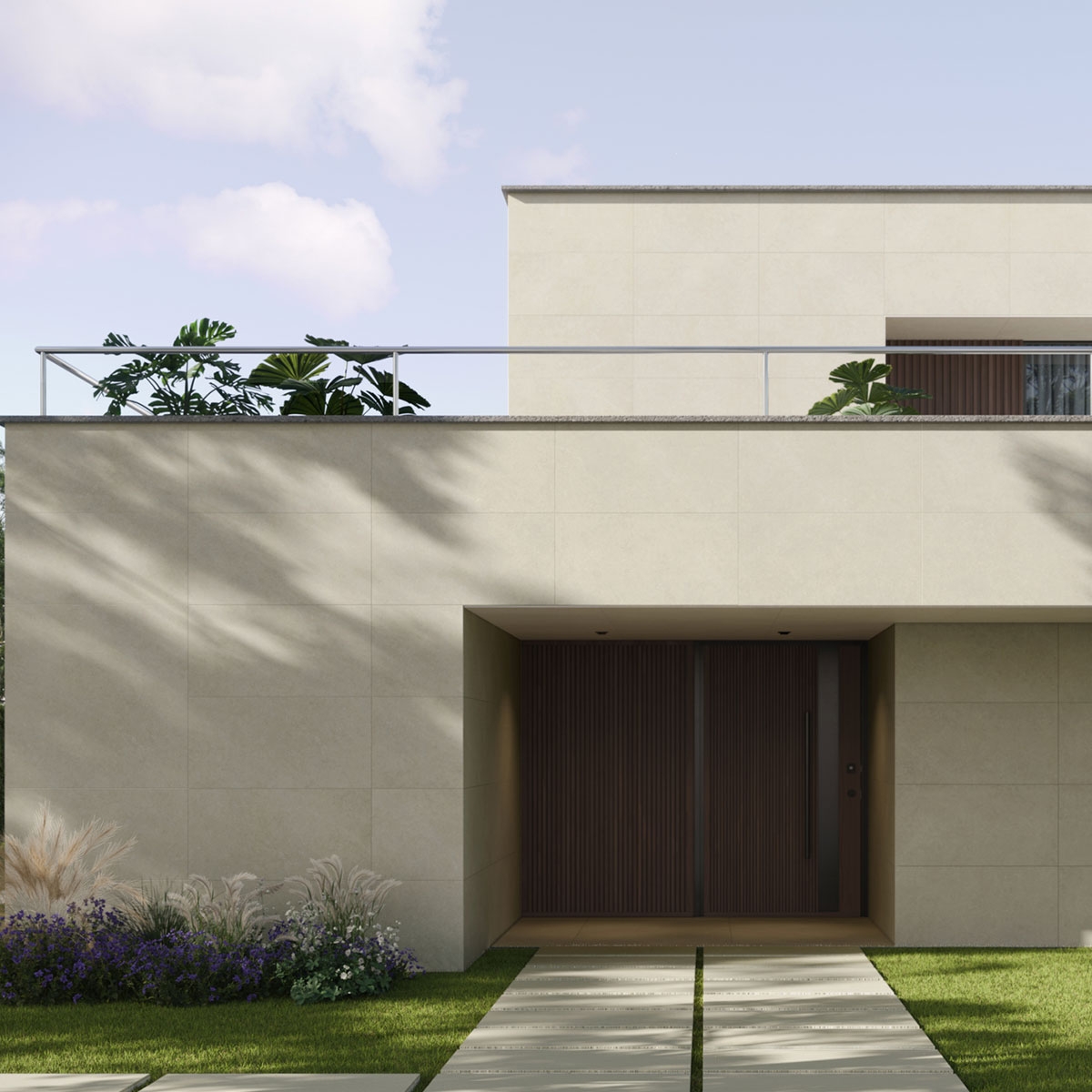 Exterior con revestimiento Khala Cream 60x120