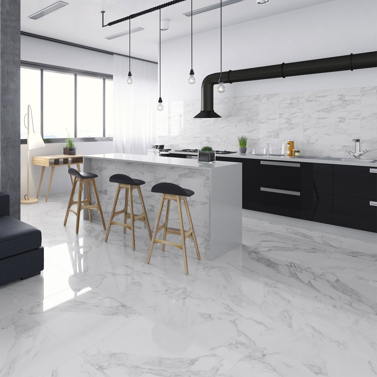 Innenraum mit Carrara White Gloss Boden 60x60