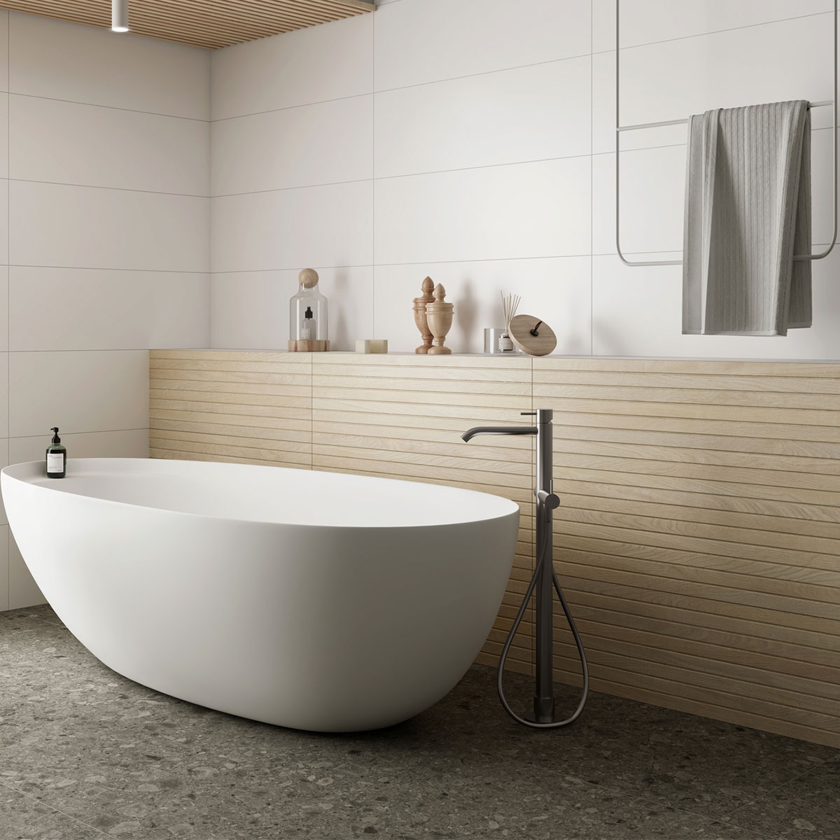 Bathroom with Clash Line Beech 30x90 coating