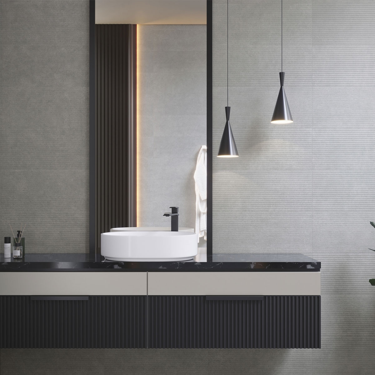 Salle de bain avec revêtement en béton sculpté à noyau 30x75