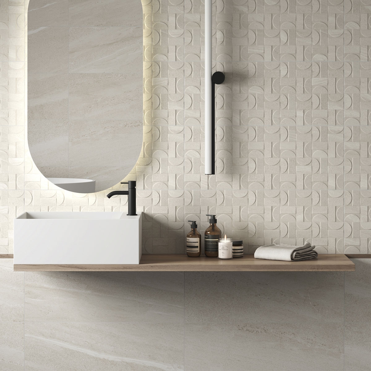 Bathroom with Cumbria Geom Sand coating 30x75