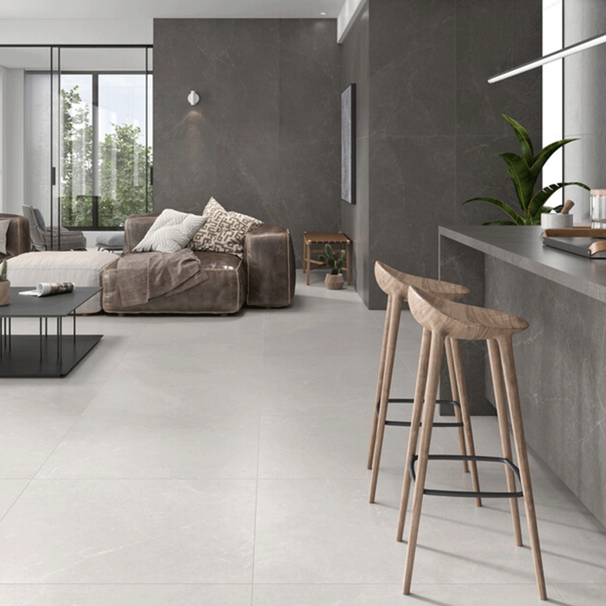 Interior con pavimento Storm White 90x90