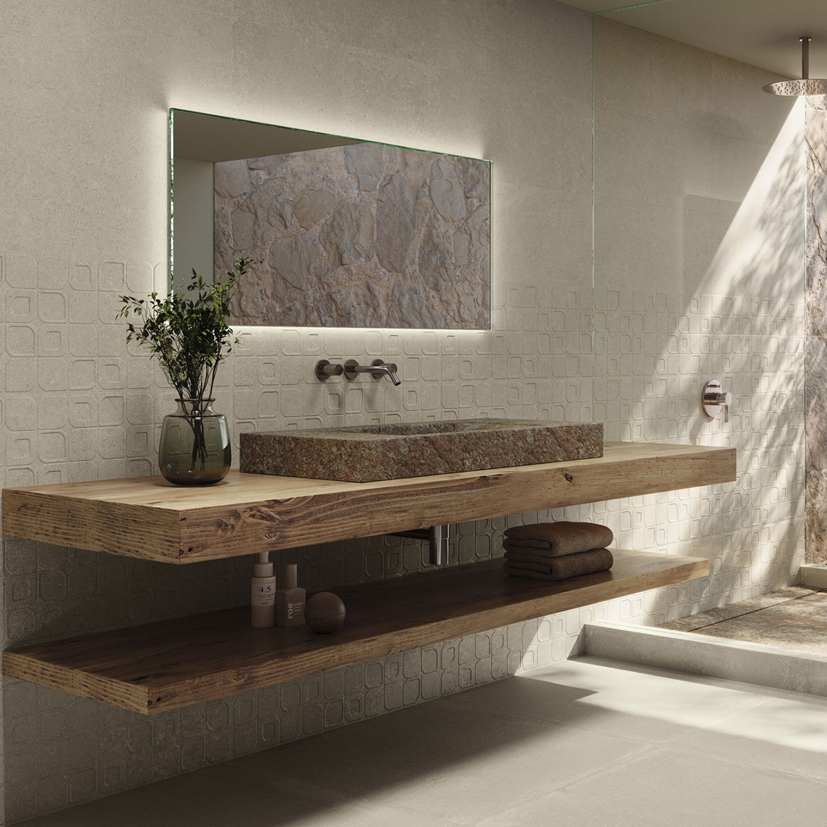 Salle de bain avec sol Davenport beige 75x75