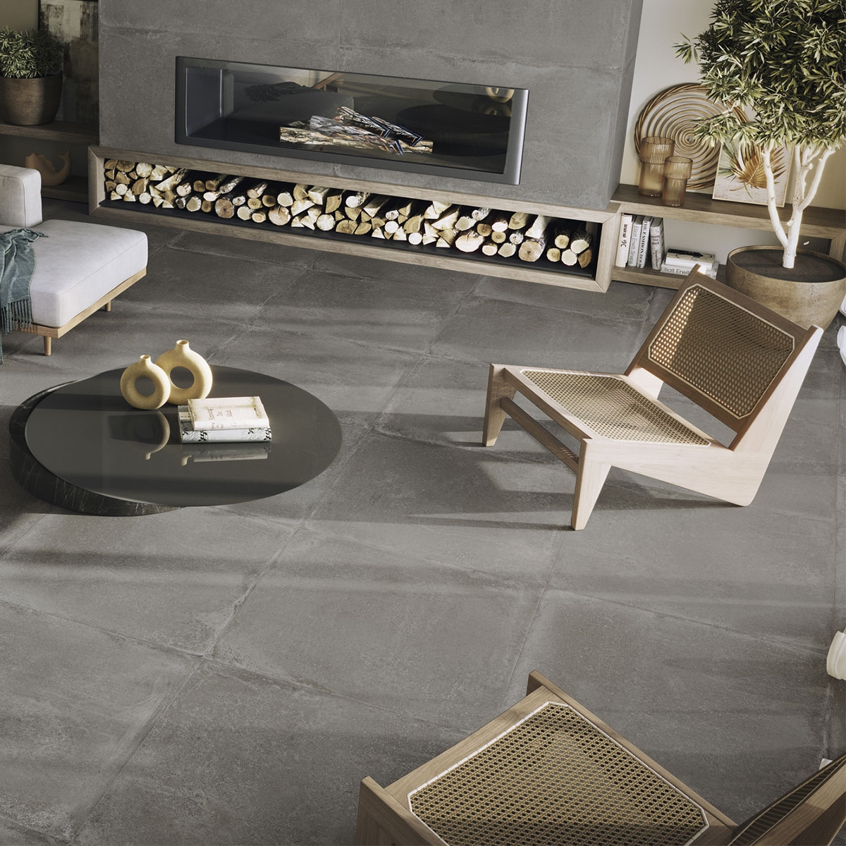 Interior con pavimento Davenport Dark 90x90