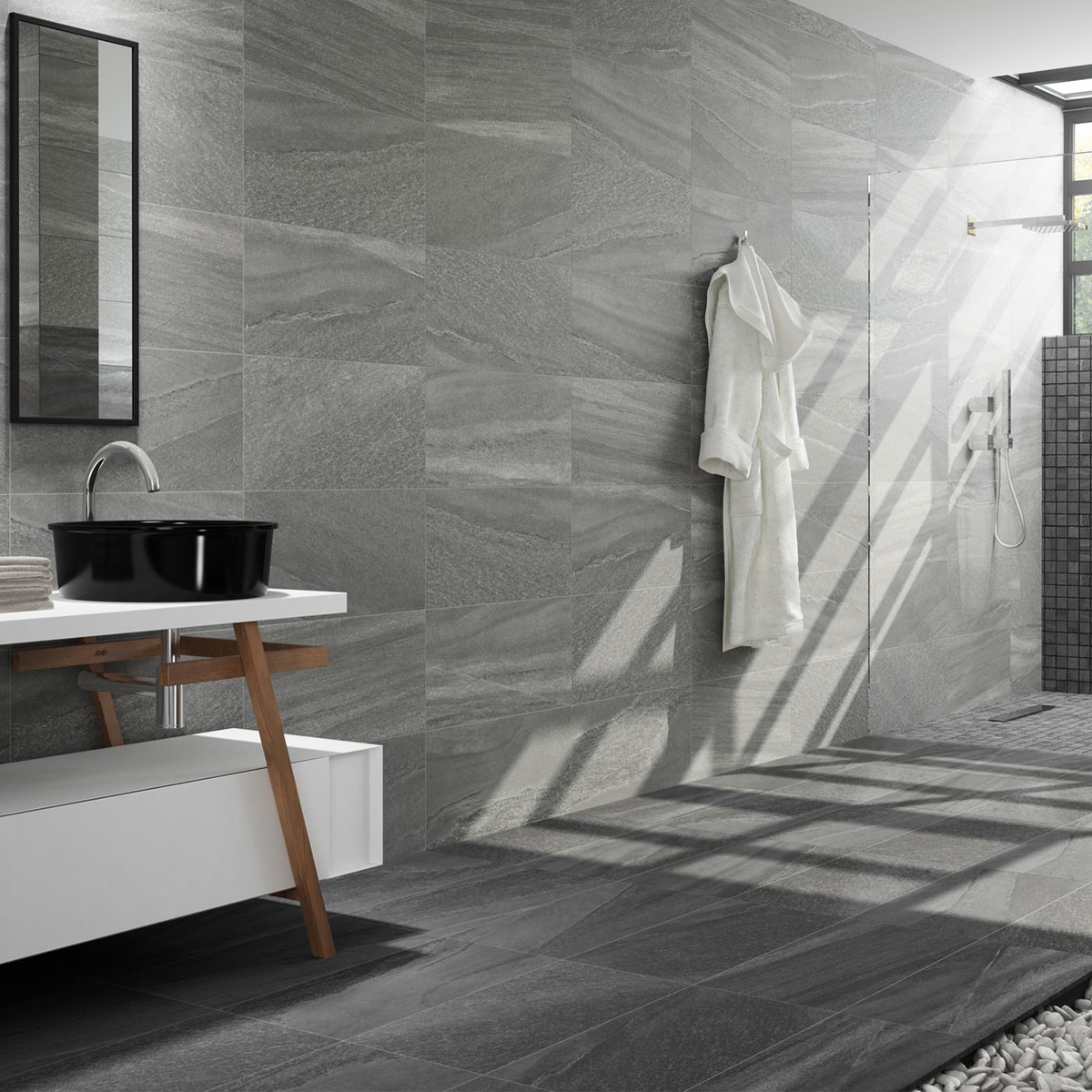 Baño con pavimento y revestimiento Falcon Gris 30x60