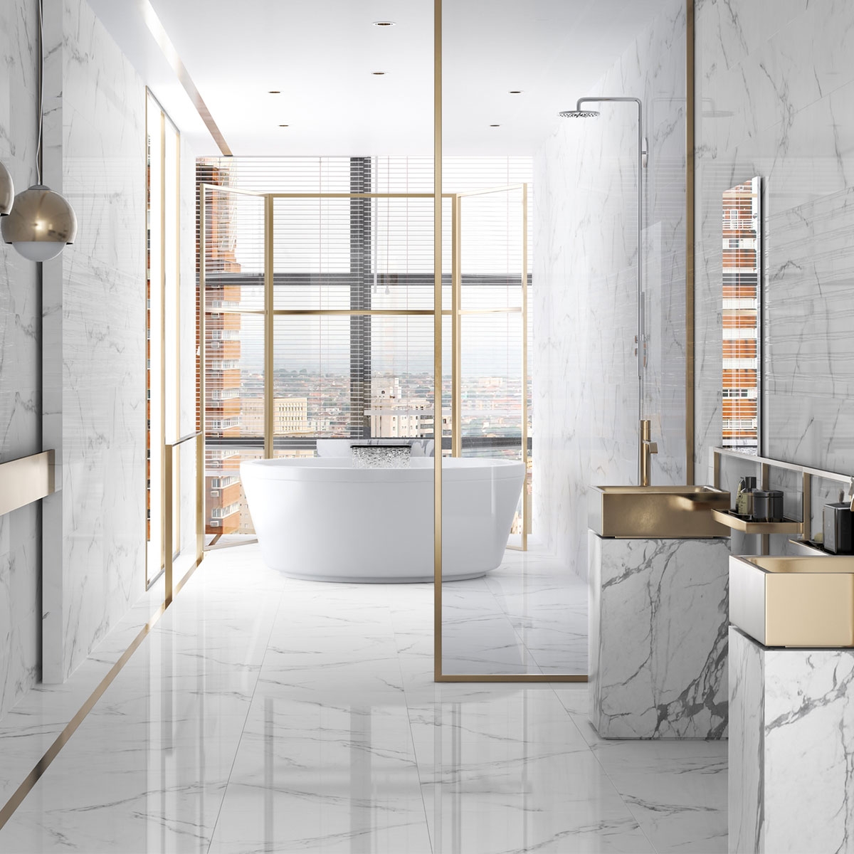 Bathroom with Fontana Exedra White Gloss cladding 30x90