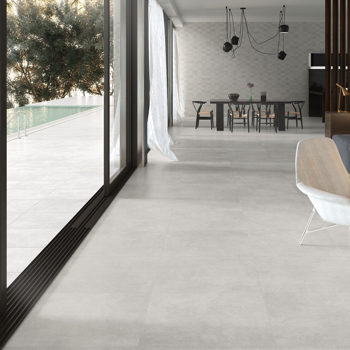 Interior y exterior con pavimento Foster White 60x60