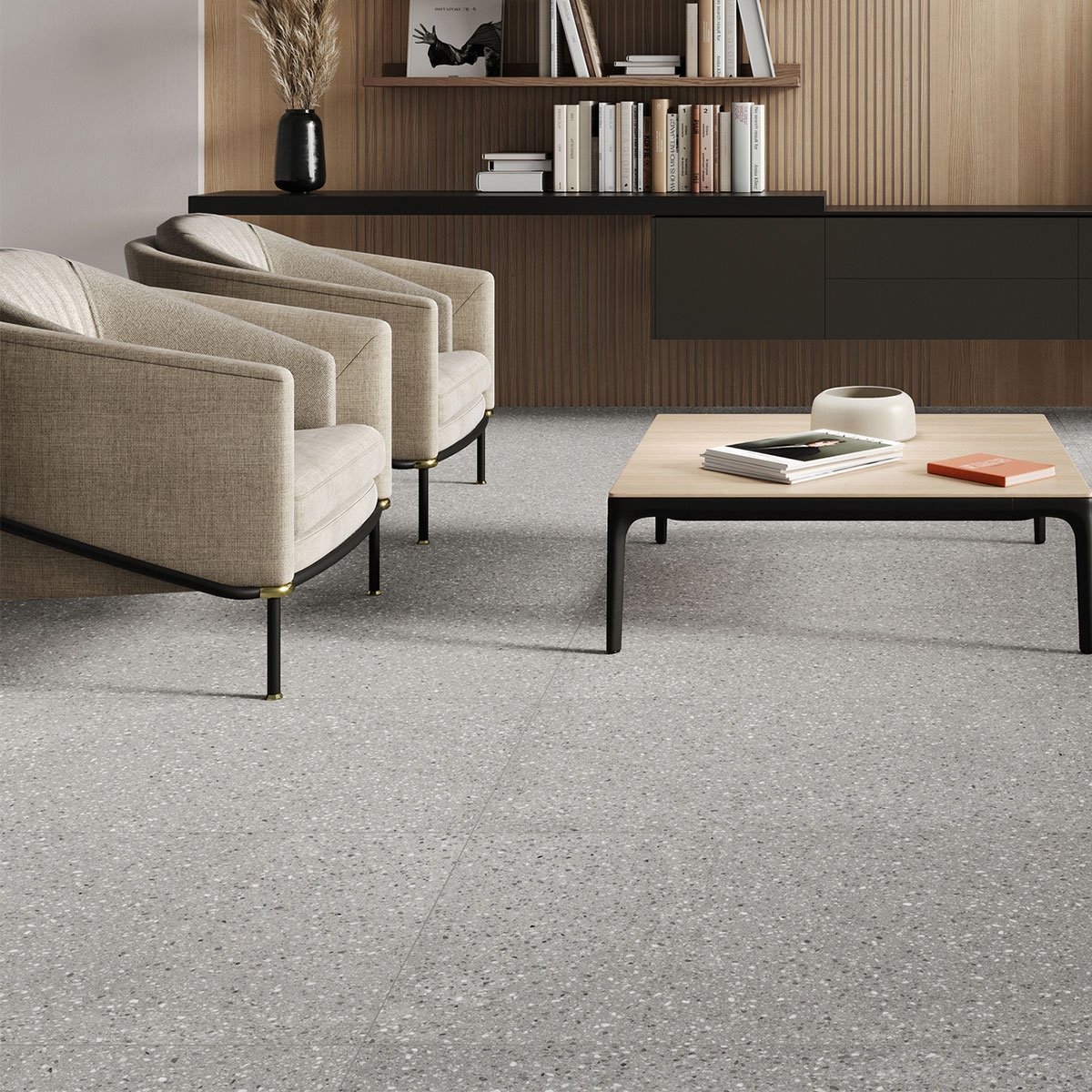 Living room with flooring Goldoni Grigio 60x120