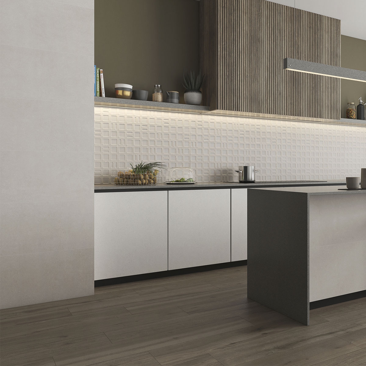 Cozinha com chão branco quadrado de gravilha 40x120