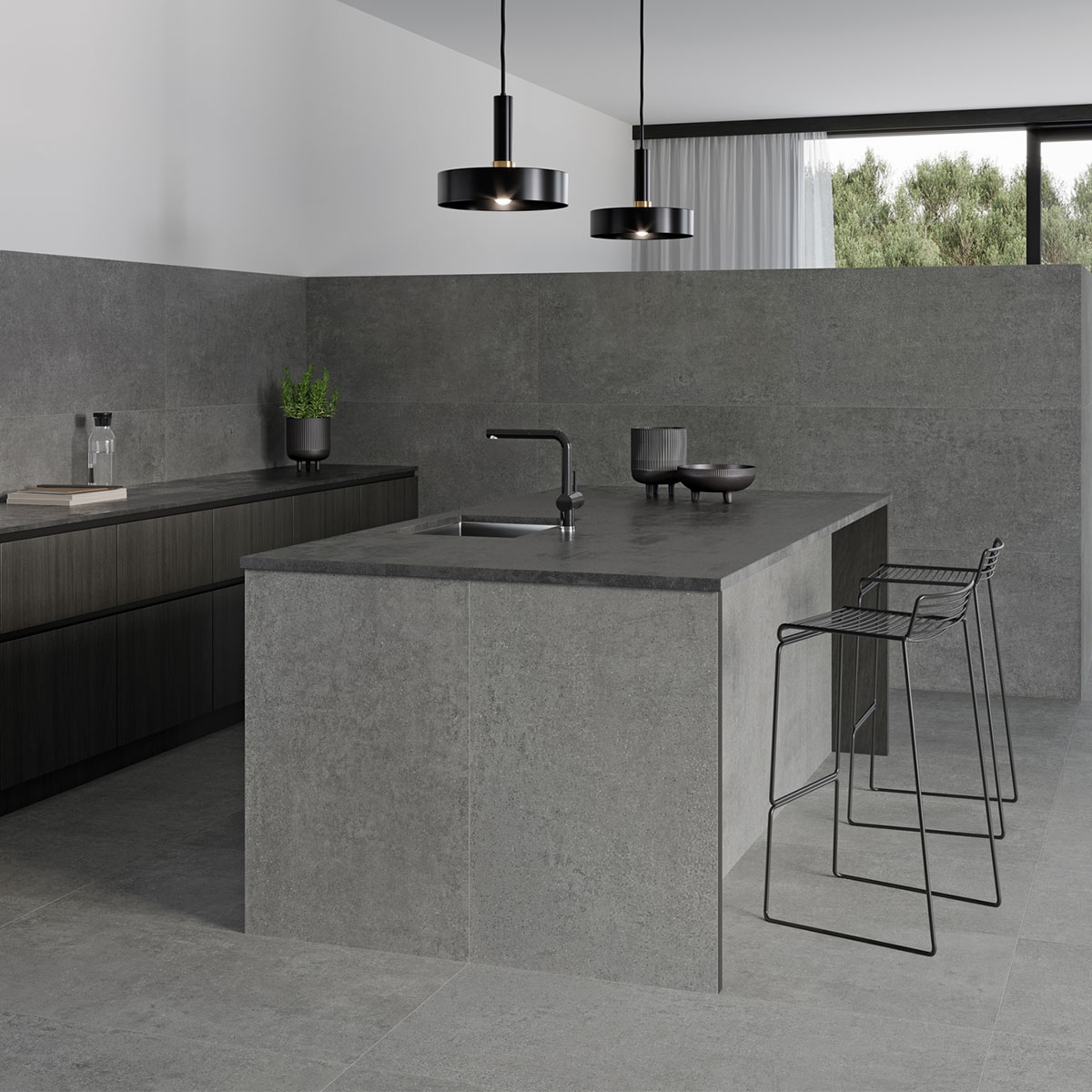 Interior com pavimento Gravel Shadow 60x120