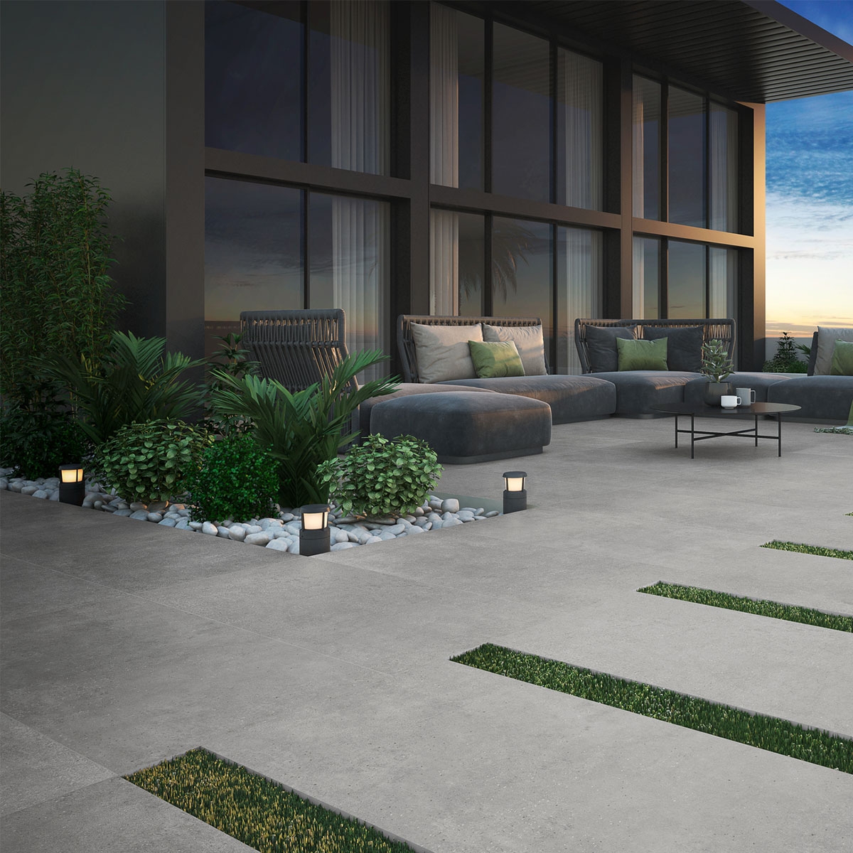 Außenansicht mit Gravel Extrem Grey rutschfestem Asphalt 60x120