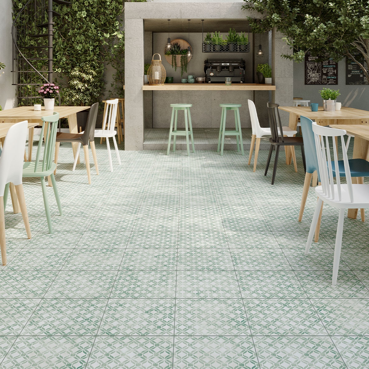 Außenansicht mit Fresco Mint rutschfestem Boden 32,9x32,9 (Box 0,65 m²)