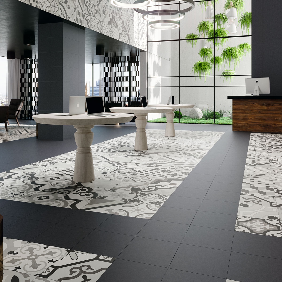 Interior con pavimento Hanoi Grey 33x33 (Caja 1,00m2)