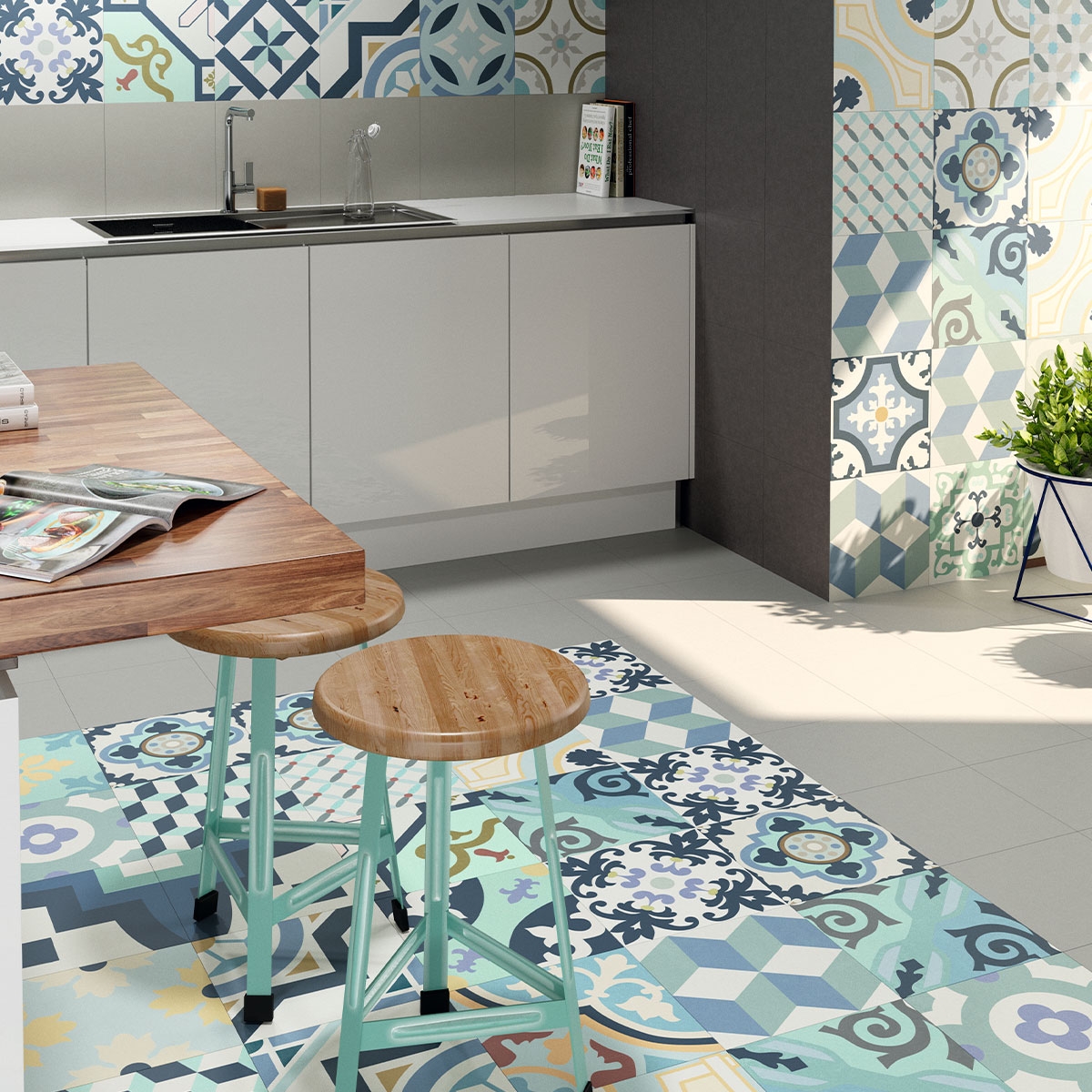 Cocina con pavimento y revestimiento Hanoi Blue 33x33 (Caja 1,00m2)