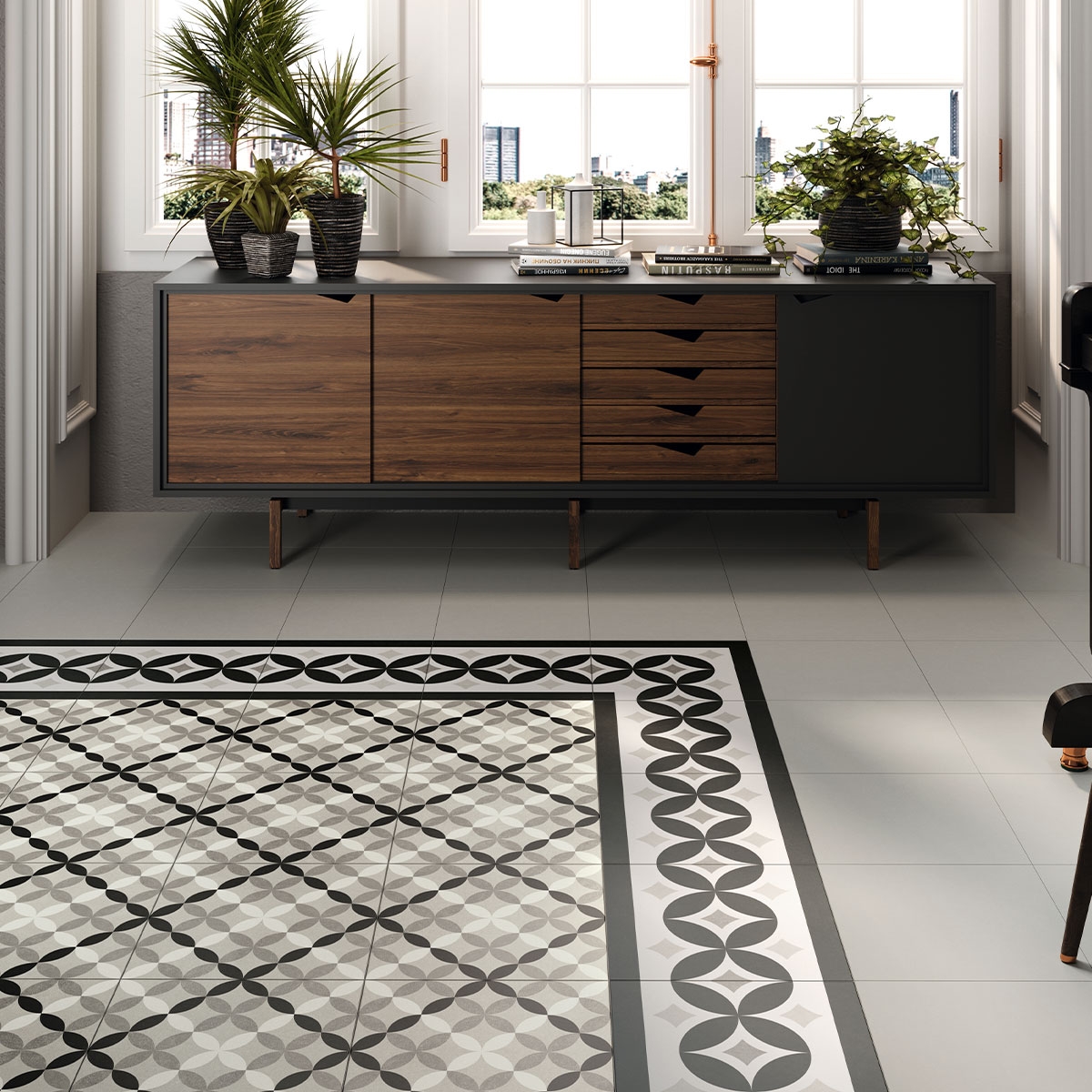 Interior con pavimento Hanoi Circle Grey 33x33 (Caja 1,00m2)